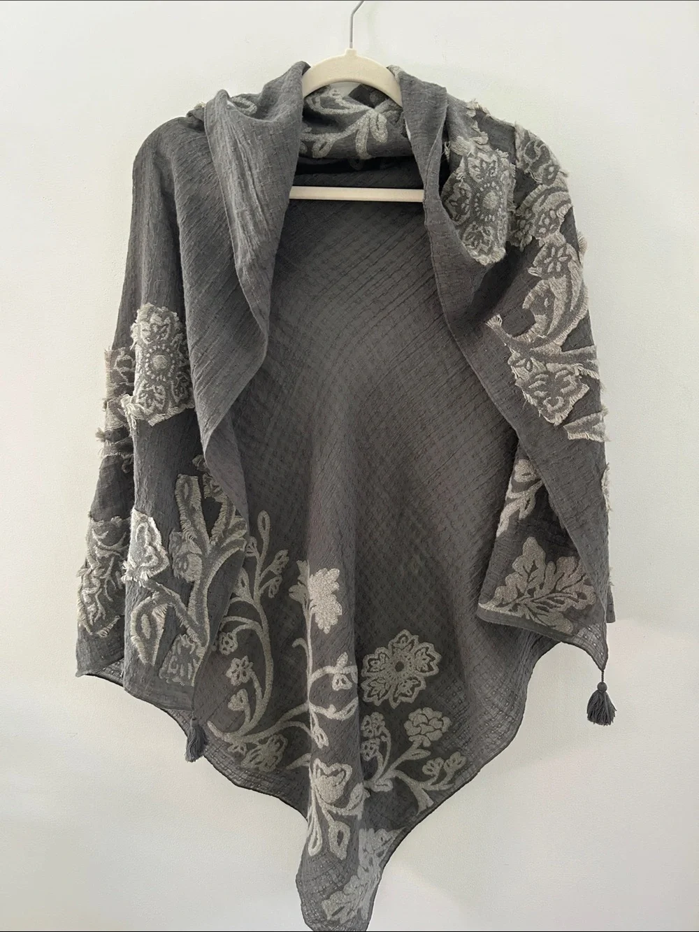 Pure Jill Gray Floral Embroidered Scarf Lightweight Drape Summer Evening Wrap